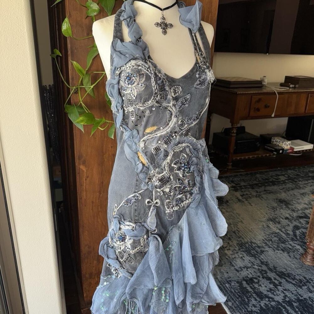 fairy 90s iridescent lace trimmed beaded floral embroidered denim halter dress - Picture 3 of 8